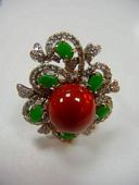Natural red coral and jadeite 18K ring 